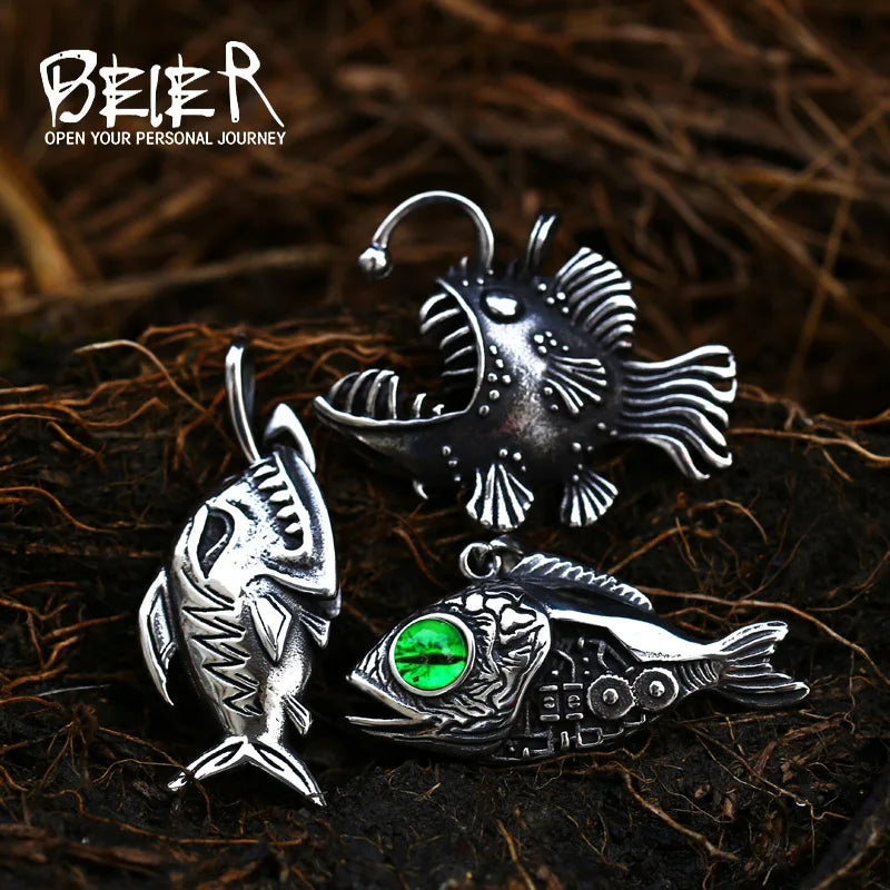 Stainless Steel Lantern Fish Pendant Chain Necklace