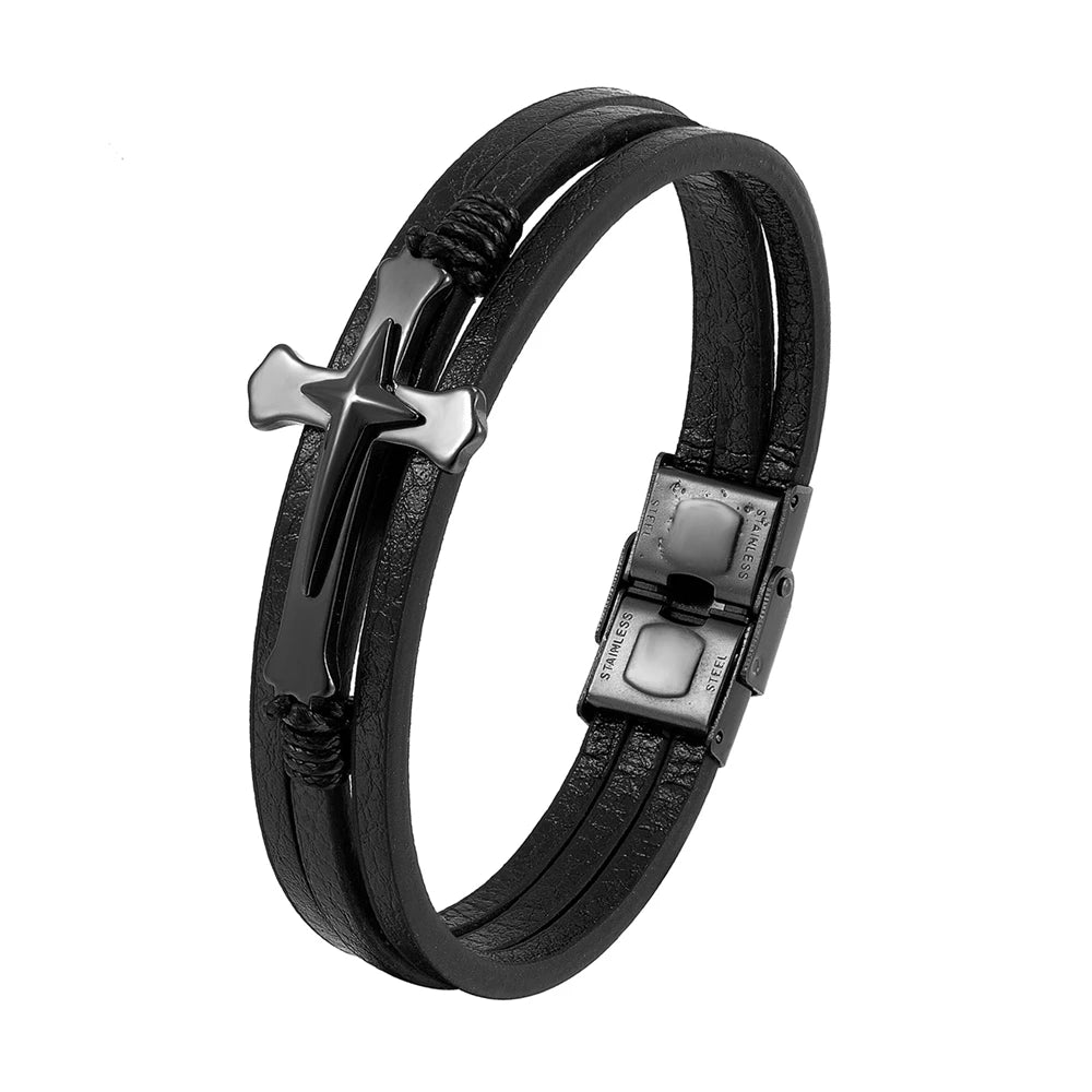 New Punk Stainless Steel Anchor Bracelets Genuine Leather Bracelet & Bangles for Men Bracelet Jewelry Black Color Fashion Gift