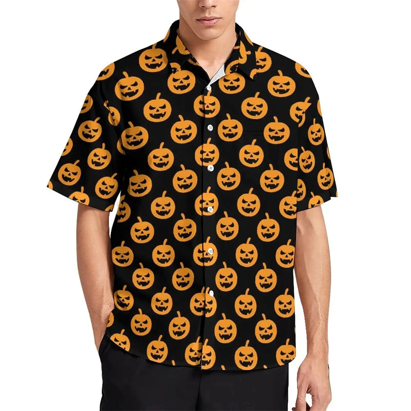 Blusas divertidas con gráficos de dulces de calabaza, regalo de Halloween, camisas de playa con estampado 3D, ropa de calle para niño, blusas de manga corta con botones para hombre