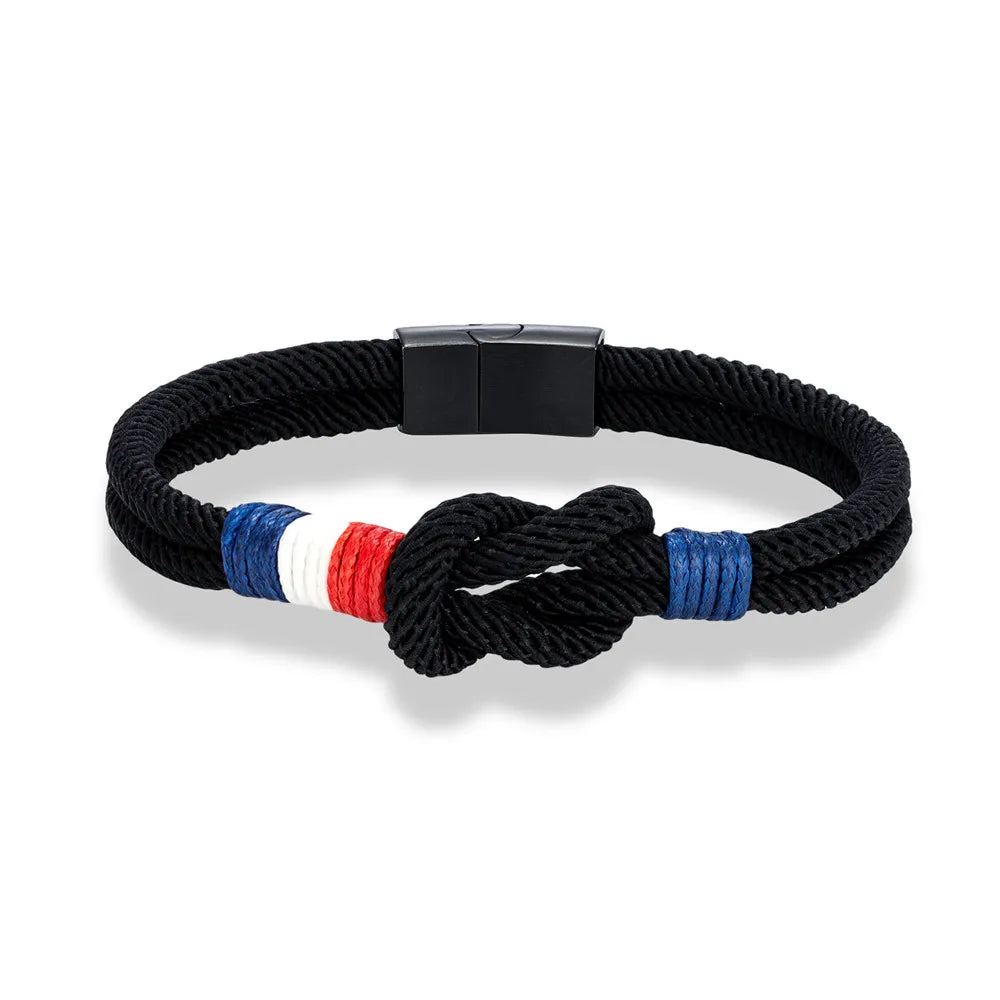 MKENDN Black Stainless Steel Square Knot Rope Bracelet Men Women Handmade Woven Double-Layer Design France Flag Couple Jewelry