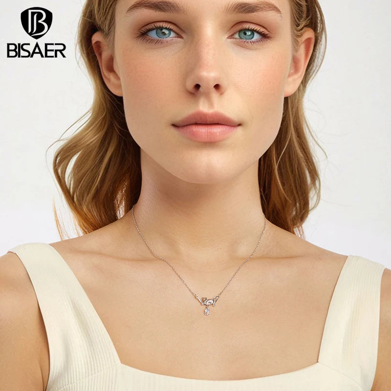 BISAER Cute Cat Necklace 925 Sterling Silver Heart Moonstone Chain Plated White Gold for Wenmen Party Original Fine Jewelry Gift