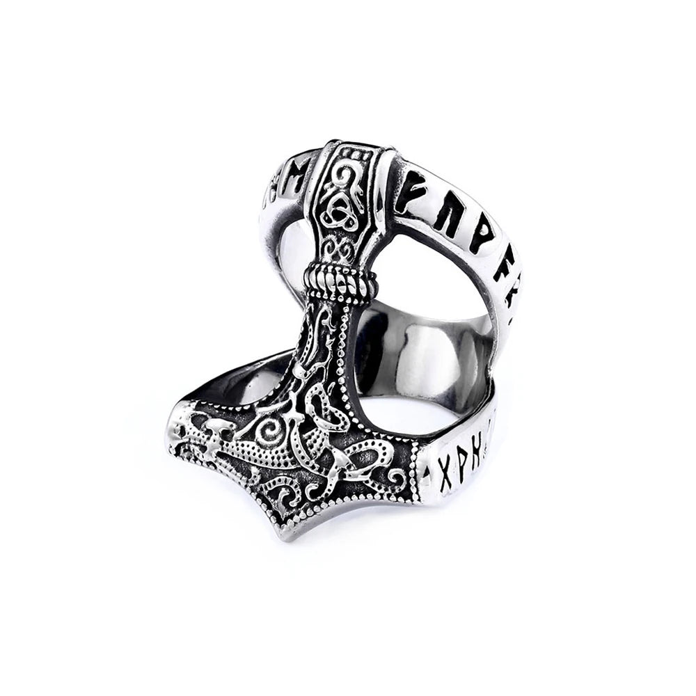 Vintage Viking Thor's Hammer Ring Mens Nordic Odin Rune Ring Stainless Steel Jewelry Biker Amulet Gift Wholesale