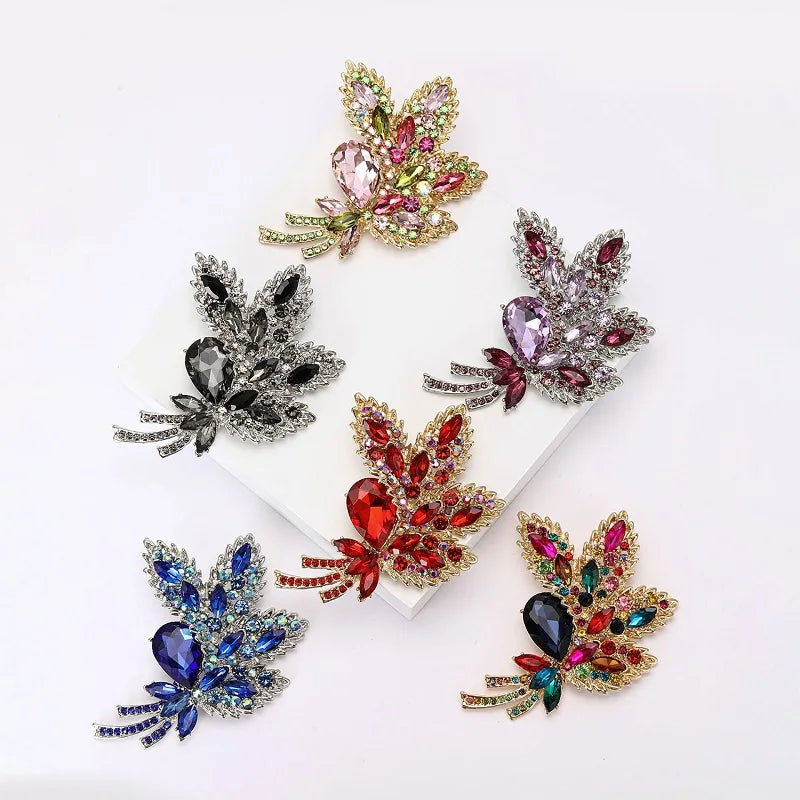 Wuli&baby Big Luxury Crystal Leaves Flowers Brooches For Women 6-color Charming Pretty Party Office Brooch Pins Gifts