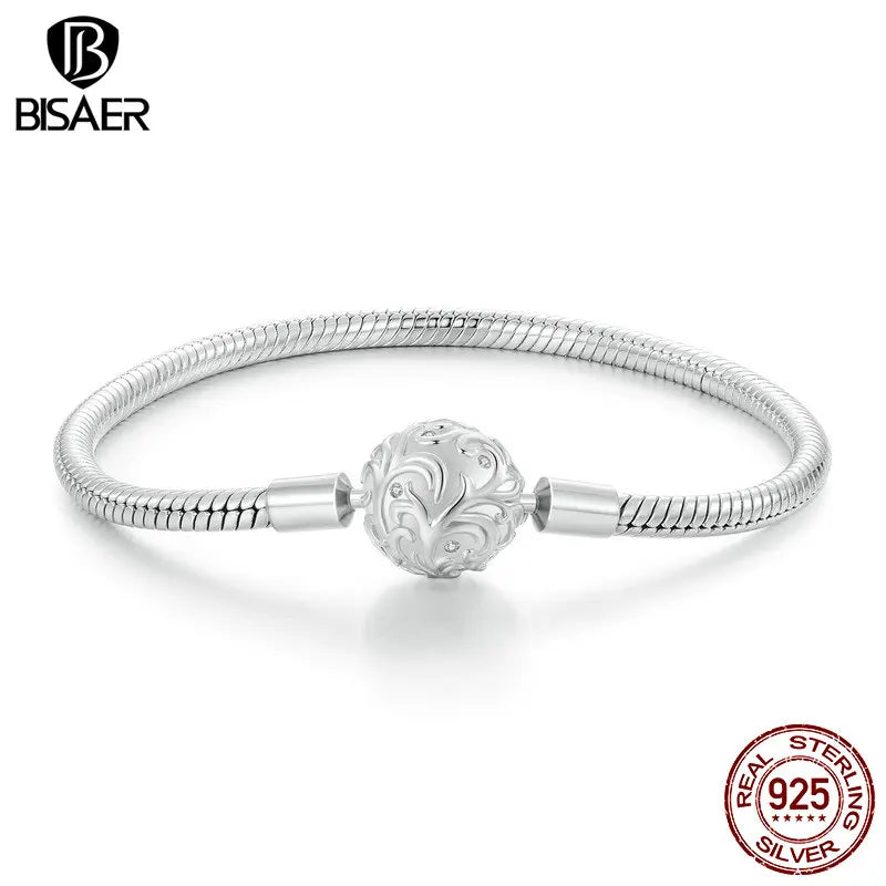 BISAER 925 Sterling Silver Retro Palace Pattern Basic Bracelet Round Bangle Fit Original Charms Bead DIY Jewelry Party Birthday