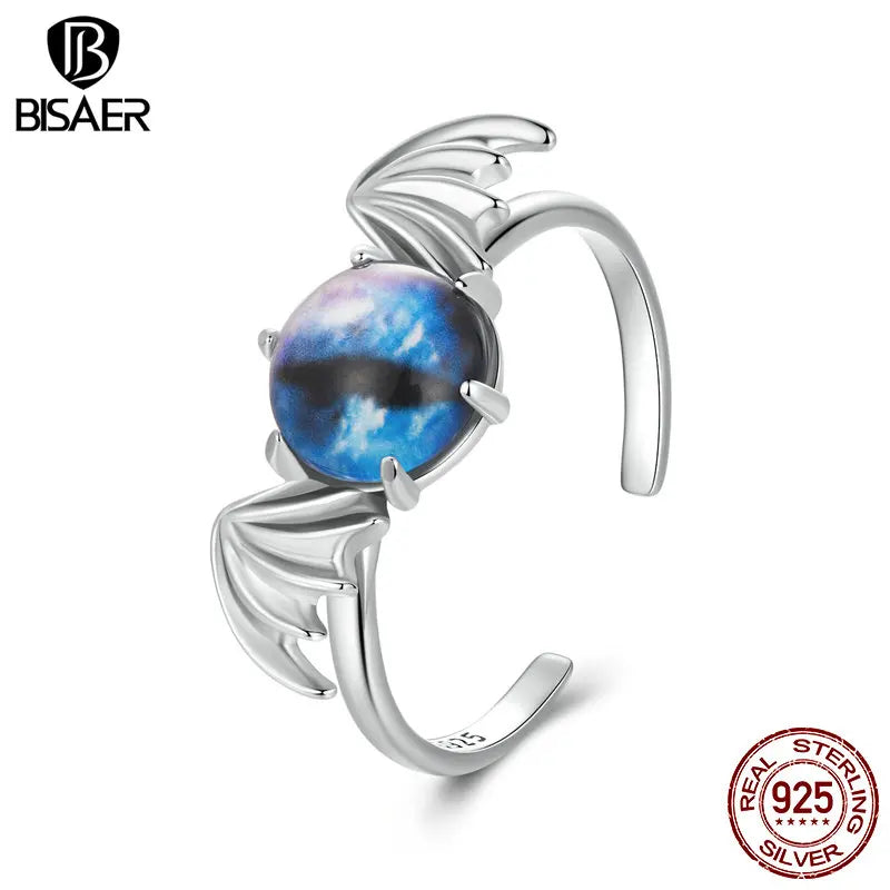 BISAER Real 925 Sterling Silver Bule Devil Eye Open Ring Adjustable Size 5-9 for Women Party Fine Jewelry Halloween Gift EFR605