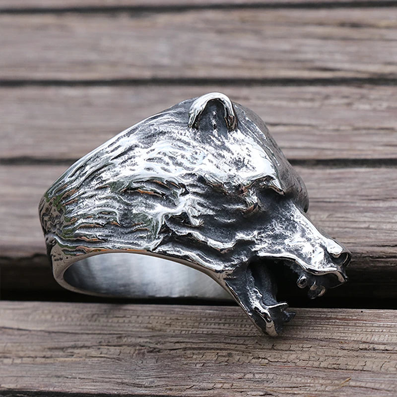 Cool Viking Bear Head Ring Men's Slavic Bear Berserk Stainless Steel Biker Rings Male Punk Animal Ring Nordic Amulet Jewelry