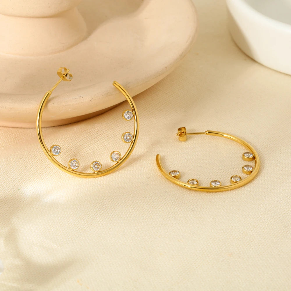 New 16K Gold Plated Stainless Steel Post Cubic Zirconia Hoop Earrings for Women Delicate C Shaped Studs Jewelry Gift