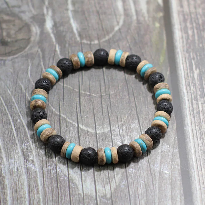 Vintage Wood Beaded Bracelet Mens Natural Lava Obsidian Stone Braslet Yoga Meditation Prayer Jewelry Tiger Eye Braclet Homme