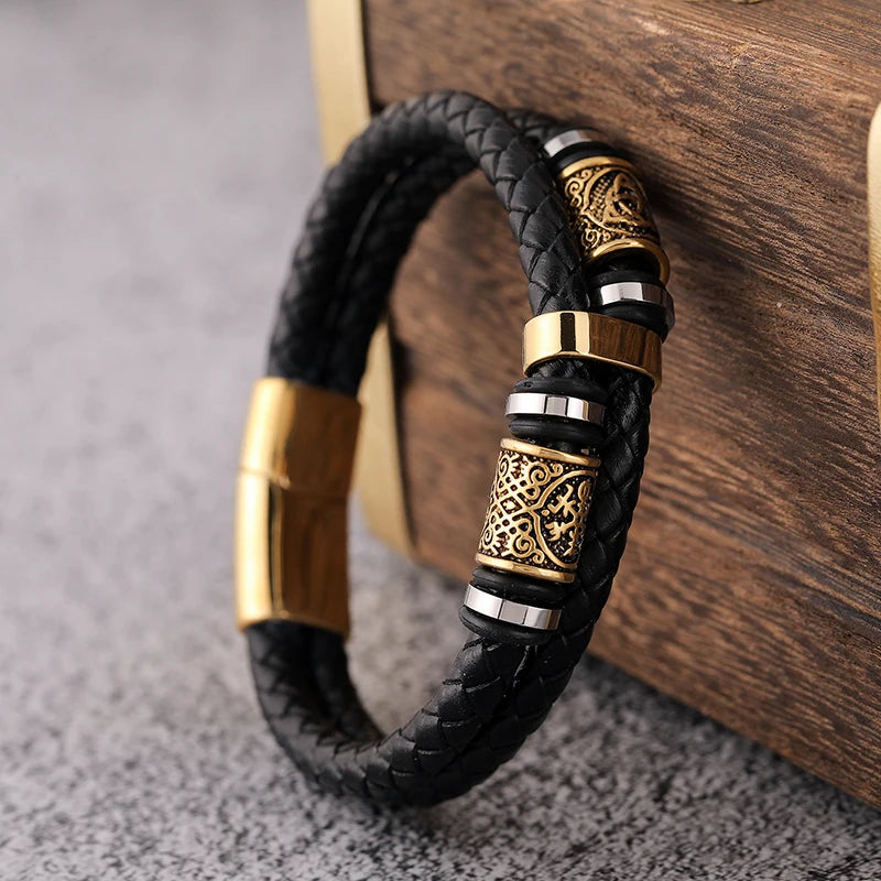 MKENDN Norse Mythology Viking Compass Runes Amulet Bracelet for Men Stainless Steel Genuine Leather Bracelets Wristband Jewelry