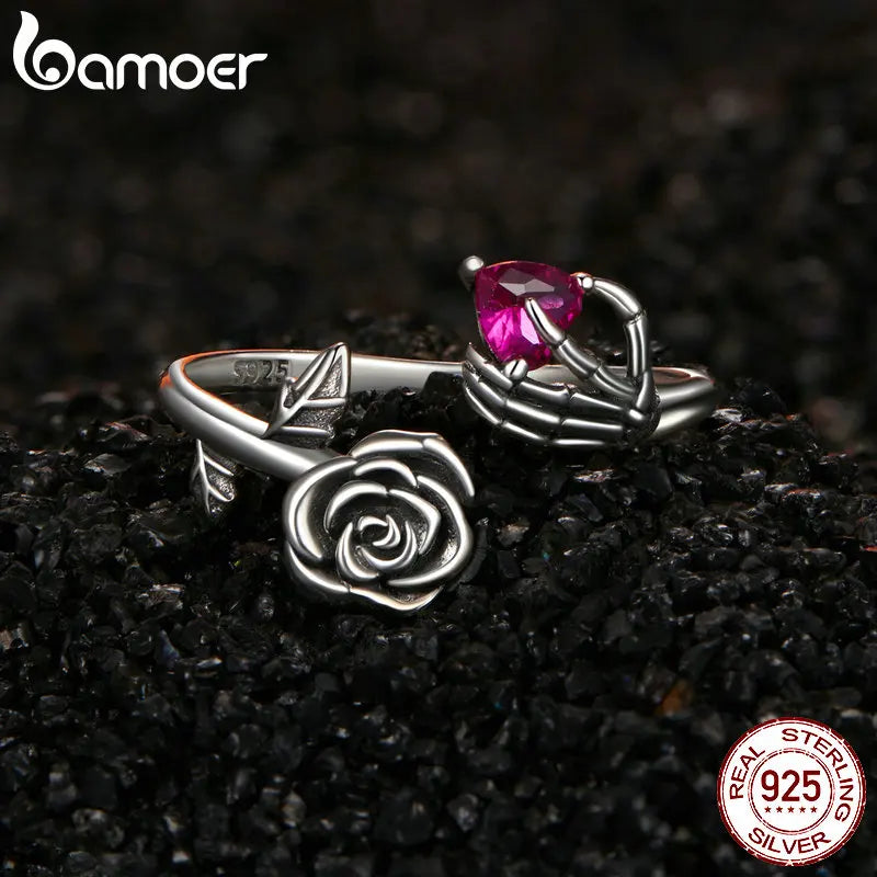 BAMOER Genuine 925 Sterling Silver Rose Skeleton Hand  Open Ring for Women Halloween Silver Finger Ring Fine Jewelry Party Gift