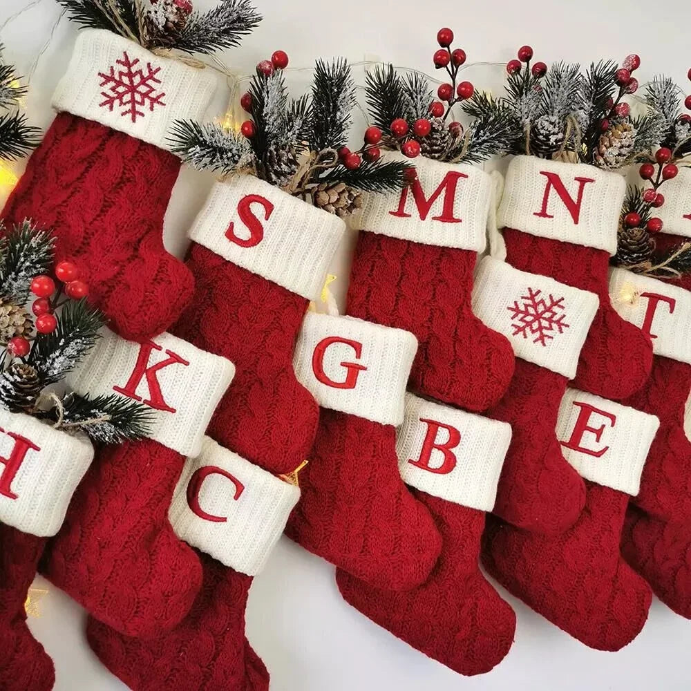 Chaussettes de Noël Tricot Flocon de Neige Lettre Bas Décoration de Noël Pour La Maison 2024 Ornement d'Arbre de Noël Cadeau Navidad Natal 2024