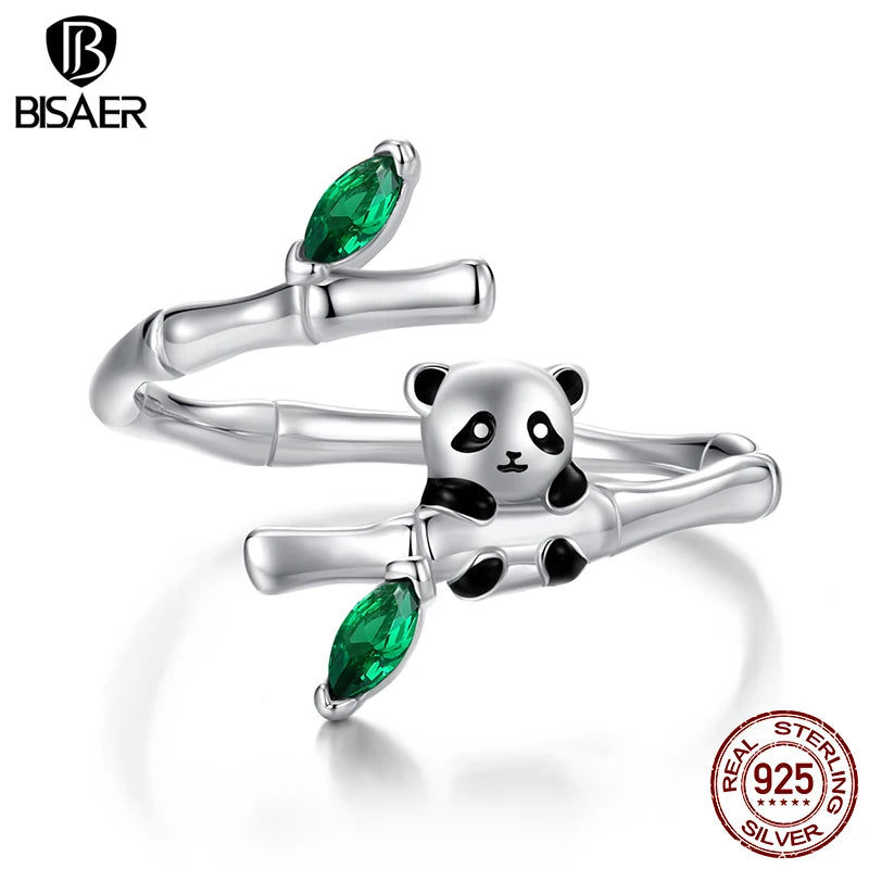 BISAER 925 Sterling Silver Cute Panda Bamboo Open Ring Enamel Adjustable Size 5-9 Band Plated Gold for Women Party Fine Jewelry