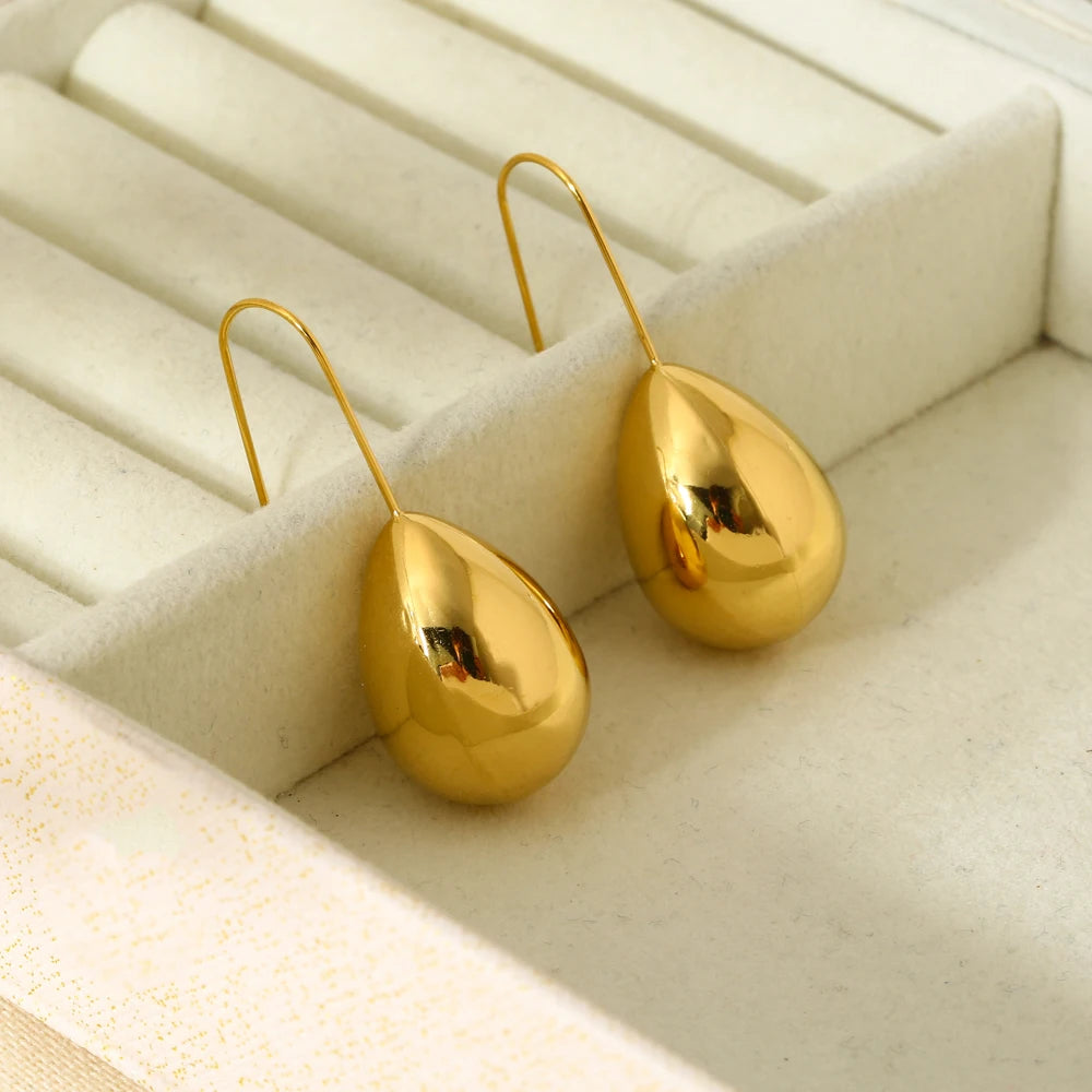 INS Trend 16K Gold Plated Stainless Steel Fish Hook Teardrop Dangle Earrings for Women Texture Waterproof Drop Earrings Jewelry