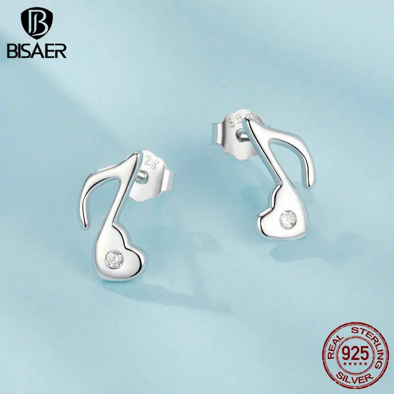 BISAER 925 Sterling Silver Mini Heart Note Stud Earring Plated White Gold For Music Lover Party  Original Design Fine Jewelry