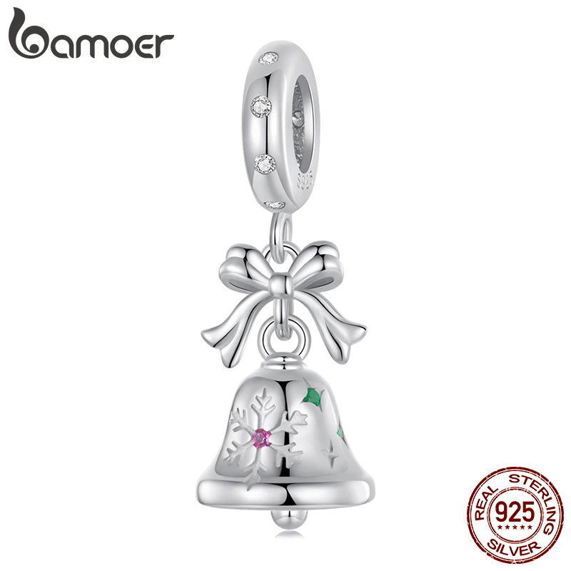 BAMOER Charm en argent sterling 925 massif en forme de cloche de Noël pour bracelet original, breloque Bamoer pour la fabrication de bijoux, cadeau de Noël