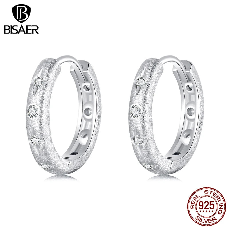 BISAER 925 Sterling Silver Starry Ear Buckles Round Hoop Earrings Plated White Gold for Elegant Women Party Fine Jewelry EFE1114