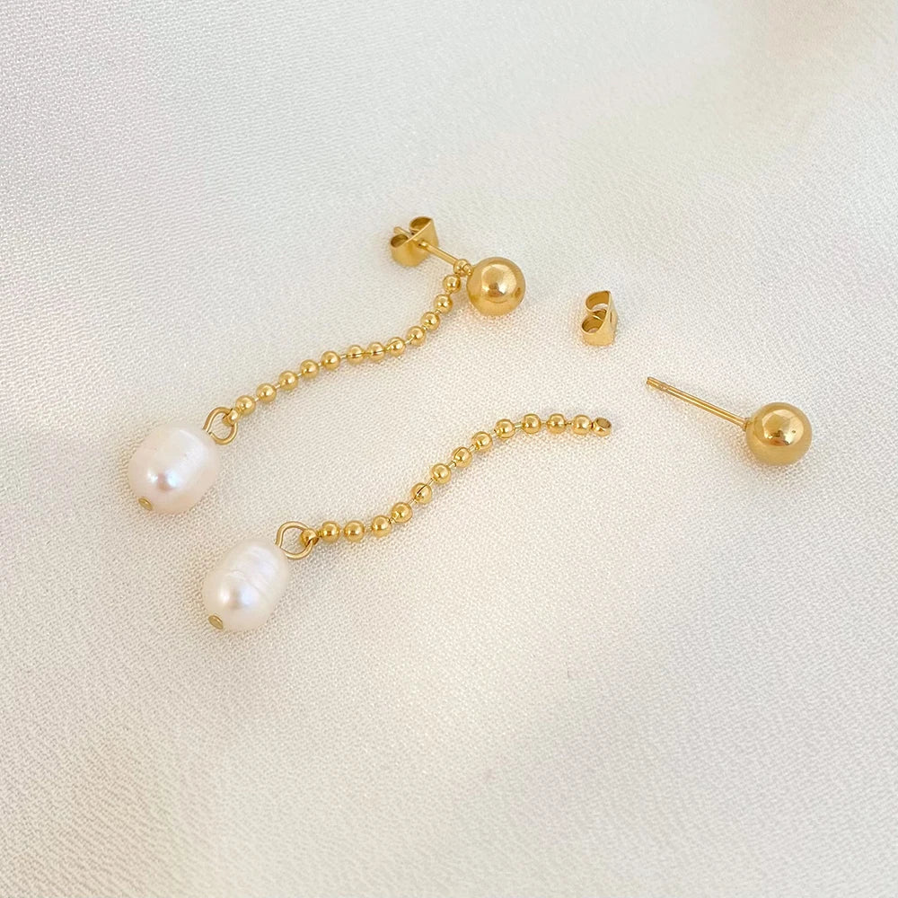 New Trend Stainless Steel Beads Chain Freshwater Pearl Drop Stud Earrings Dainty Dual Purpose Earring Women Jewelry Gift