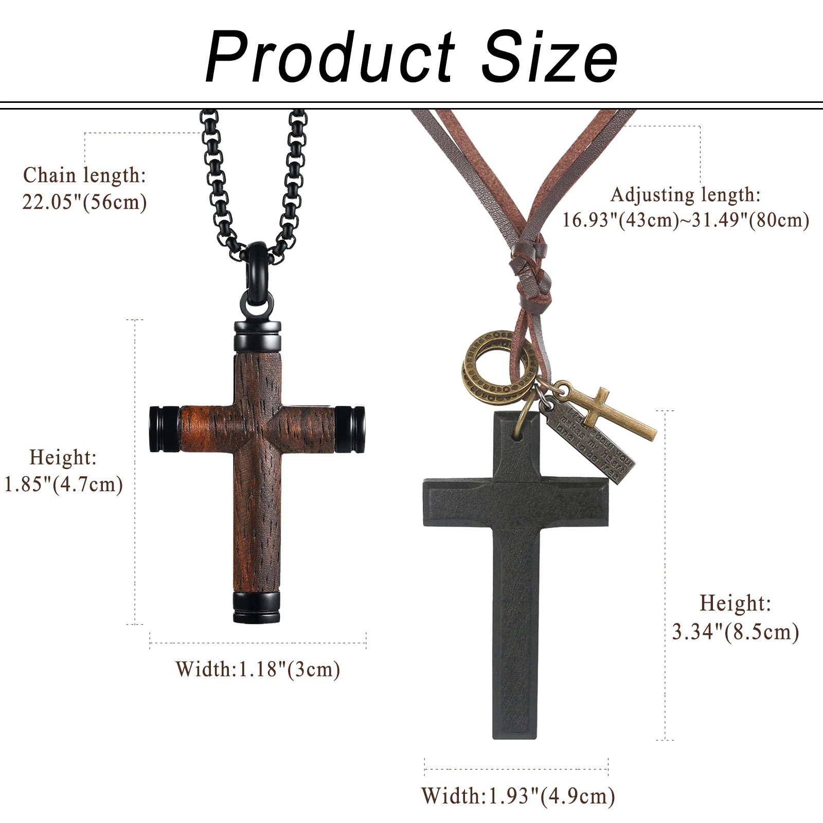 BONISKISS 2PC Vintage Wooden Stainless Steel Chain Cross Pendant Christianity Adjustable Leather Rope Necklace for Men and Women