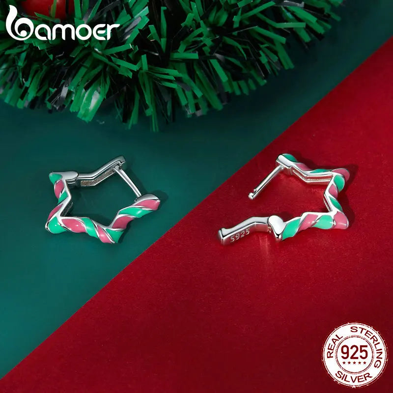 Sterling Silver Star Shape Ear Buckles Colorful Enamel Hoop Earrings for Women Christmas Fine Jewelry Gift SCE1658 - Madeinsea©
