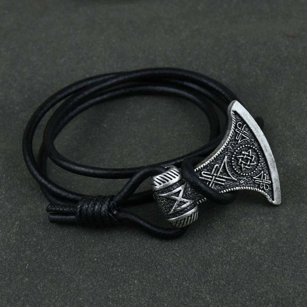 Bracelet en cuir avec pendentif marteau de Thor et hache Bracelet gothique pour homme Viking