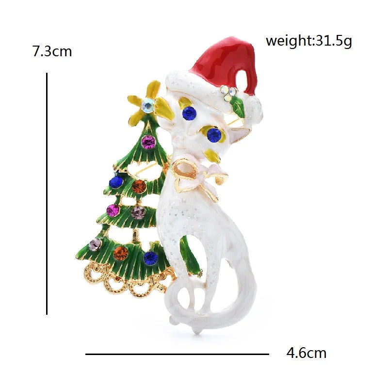 Wuli&amp;baby Jolies broches de chat en forme d'arbre de Noël pour femme en émail, chapeau, chat prenant un arbre, fête du Nouvel An, broches, cadeaux