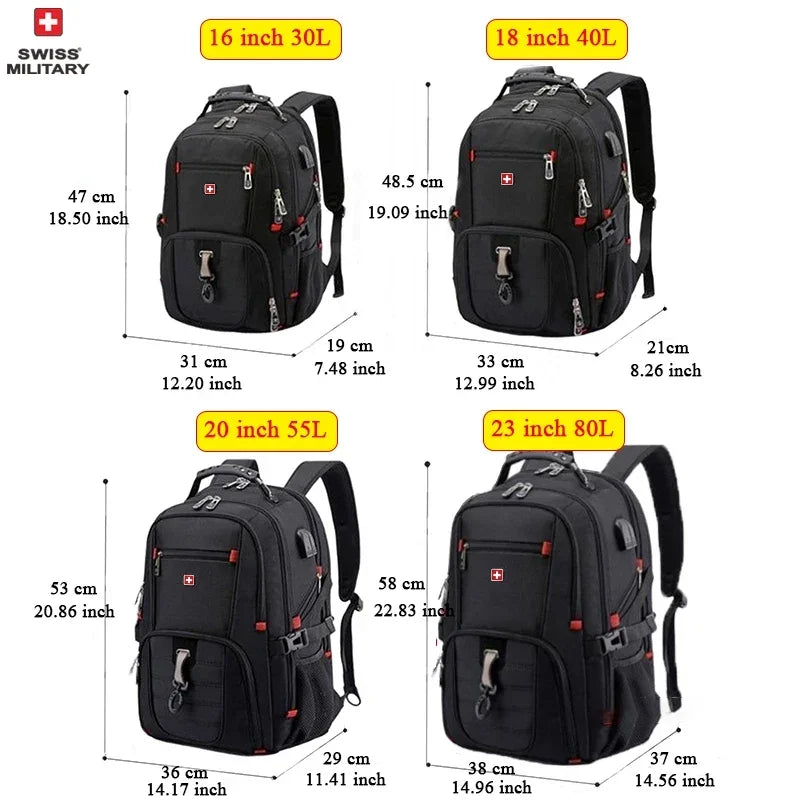 SWISS MILITARY Large Capacity 80L Multifunction Men Bag Fashion Travel Usb Charging Waterproof 23 inch Laptop Backpack Mochila