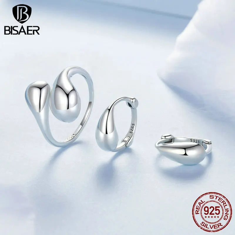 BISAER 925 Sterling Silver Water Droplet Open Ring Simple Water Drop Hoop Earrings for Elegant Women Party Fine Jewelry Set Gift