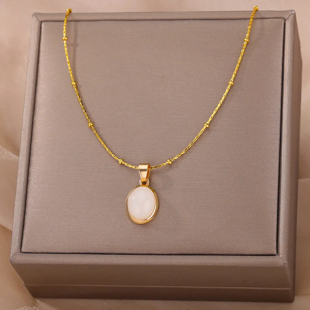 Fashion Stone Opal Oval Necklace For Women Stainless Steel Gold Color Oval Stone Pendant Necklace Wedding Aesthetic Jewelry Gift