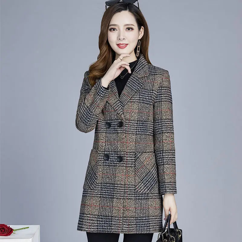 Mutter kleidung Plaid Woll Jacke 5xl Herbst Winter Weibliche Verdicken Schlank Mittleren länge Outwear Korea frauen Casual Wollmantel