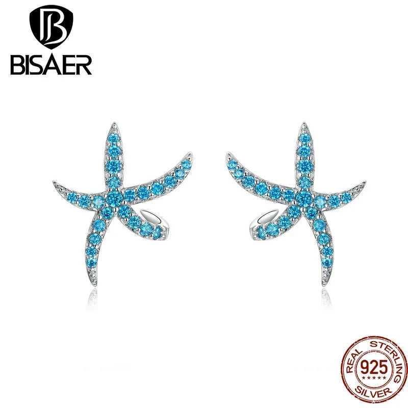 BISAER 925 Sterling Silver Starfish Earrings Blue Cubic Zircon Starfish Stud Earring For Women Beach Party Fine Jewelry EFE136