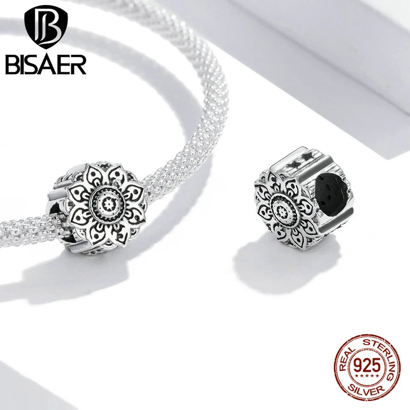 BISAER 925 Sterling Silver Charms Vintage Flower Lotus Daisy Rose Beads Purity Pendant Fit DIY Bracelet Necklace Fine Jewelry