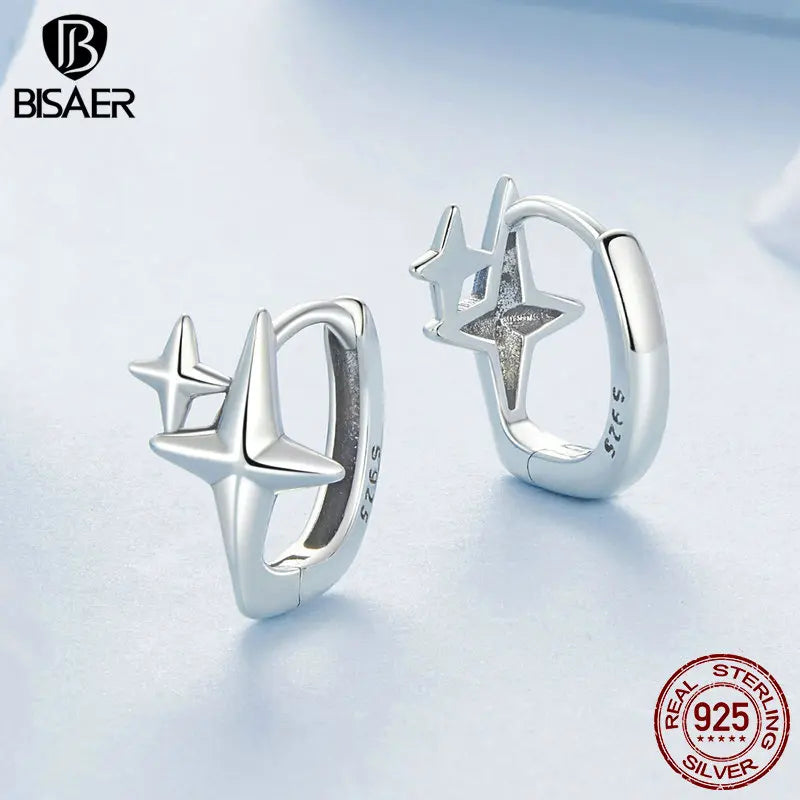 BISAER 100% 925 Sterling Silver Starlight Hoop Earrings Dreamy Stars Stud Earring For Women Party Weeding Fien Jewelry EFE1076