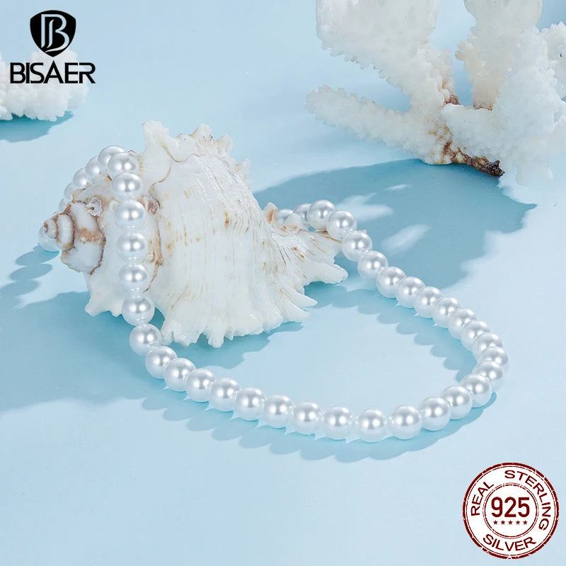 BISAER 925 Sterling Silver Pearl Necklace Minimalist Adjustable Chain Plated White Gold for Elegant Women Party Fine Jewelry