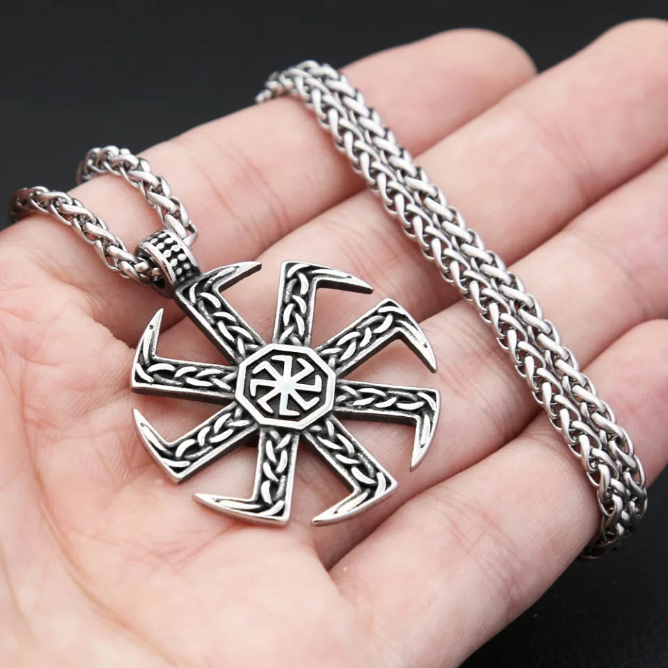 Vintage Stainless Steel Slavic Kolovrat Symbol Pendant Necklace Pagan Sun Wheel Necklaces For Men Women Religious Amulet Jewelry