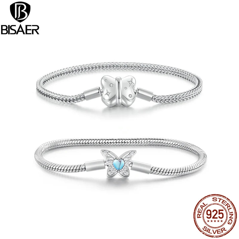 BISAER Real 925 Sterling Silver Bowknot Basic Bracelet Butterfly Bangle Fit Original Charms Bead DIY Jewelry Party Birthday Gift