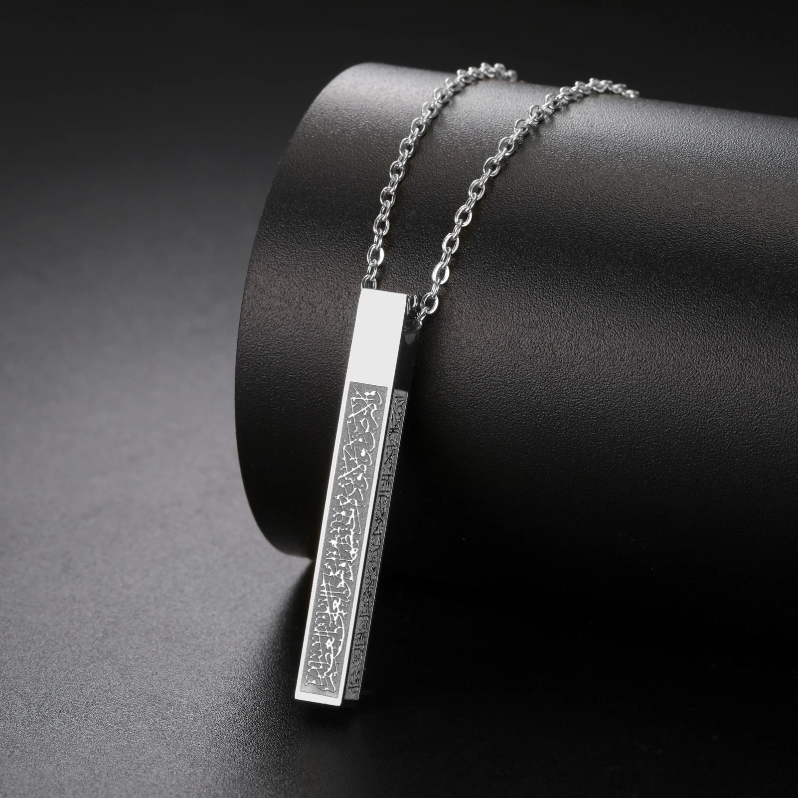 Dreamtimes Stainless Steel Strip Dimensional Pendant Four Sides Engraved Islamic Runes Necklace for Men Lucky Amulet Jewelry