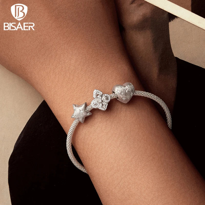 BISAER 925 Sterling Silver Shining Star Heart Charm Bead Weaved Iris Pearl Bowknot Pendant Fit Women DIY Bracelet Fine Jewelry