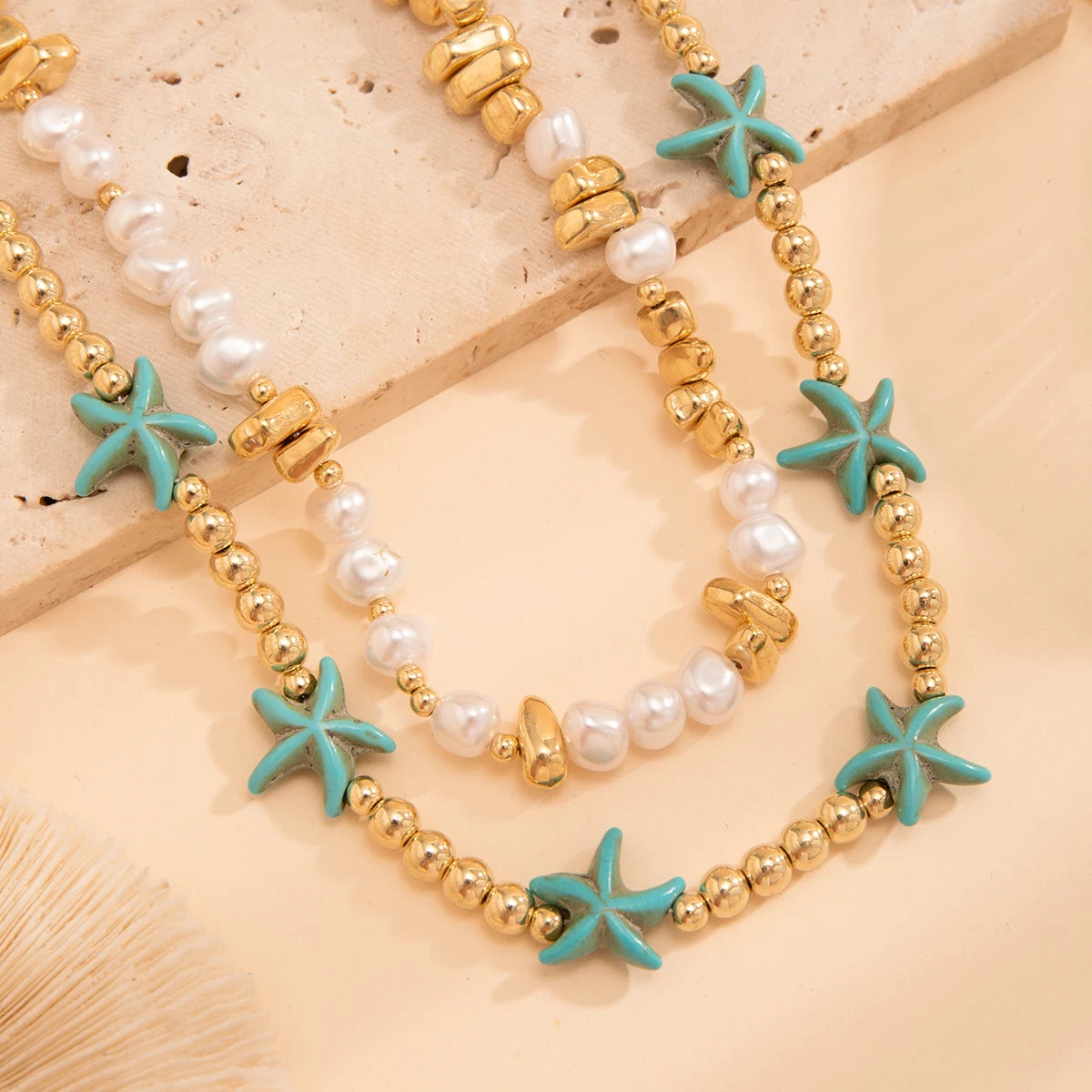 2Pcs/Set Boho Ocean Blue Starfish Star Beads Chain Necklace for Women - Madeinsea©