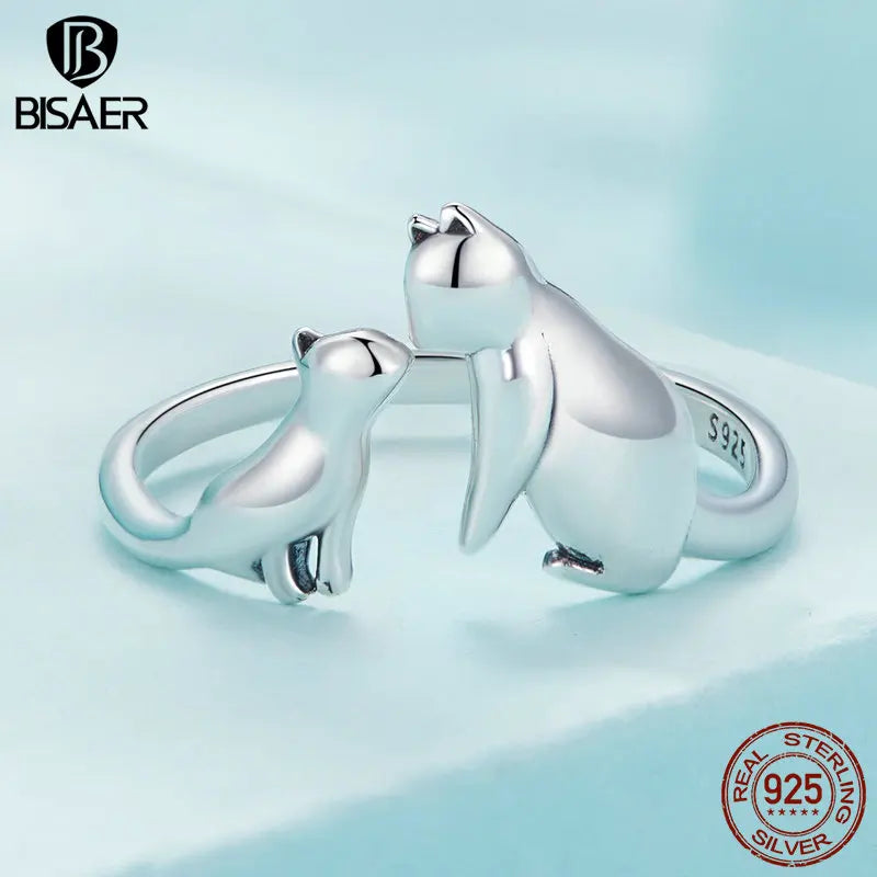 BISAER Real 925 Sterling Silver Cute Double Cat Adjustable Rings 6-9 Heart Zircon Pet Animal Open Ring Party Jewelry for Women