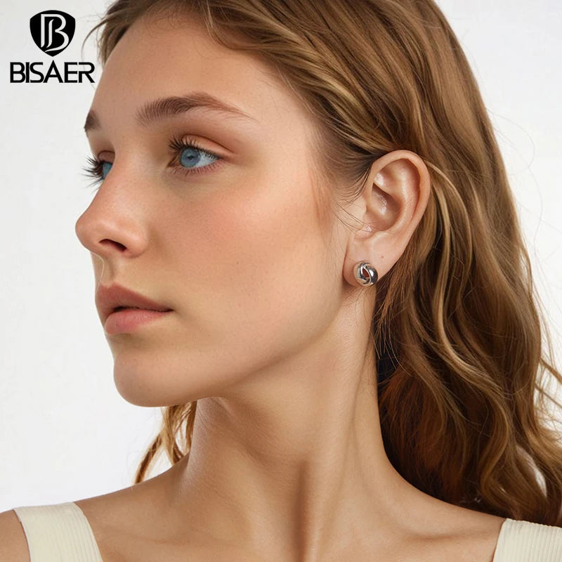 BISAER Real 925 Sterling Silver Minimalist Twsisted Stud Earrings Woven Metal Stud Ear For Women Party Original Fine Jewelry