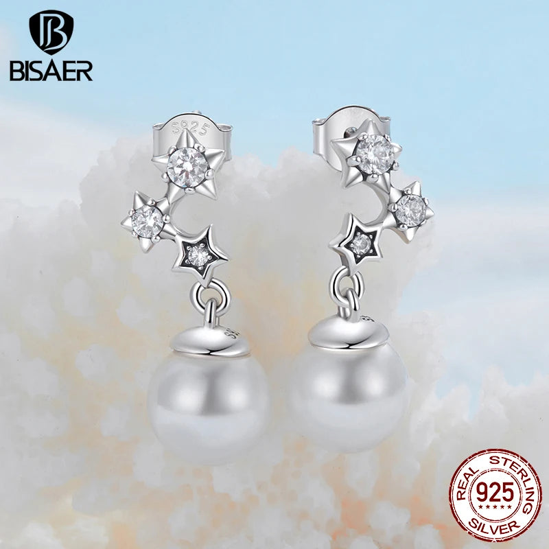 BISAER Real 925 Sterling Silver Star Stud Earrings Shell Pearl Stud Ear For Elegant Women Party Original Fine Jewelry EFE1120