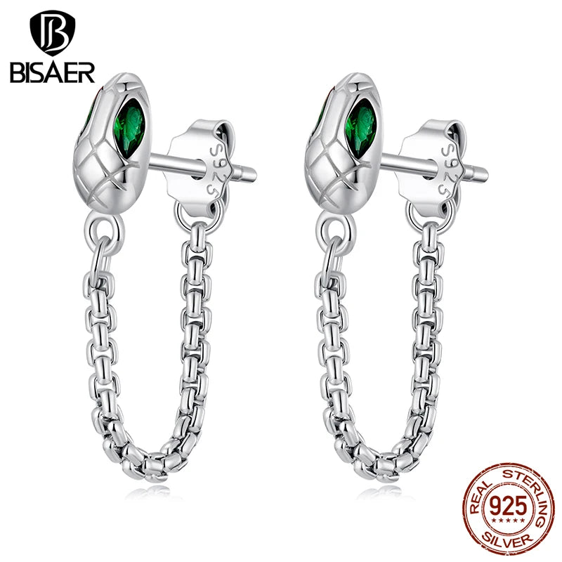 BISAER 925 Sterling Silver Snake Tassel Hoop Earrinngs Metal Stud Earrings Hypoallergenic Classic Ear Women Party Fine Jewelry