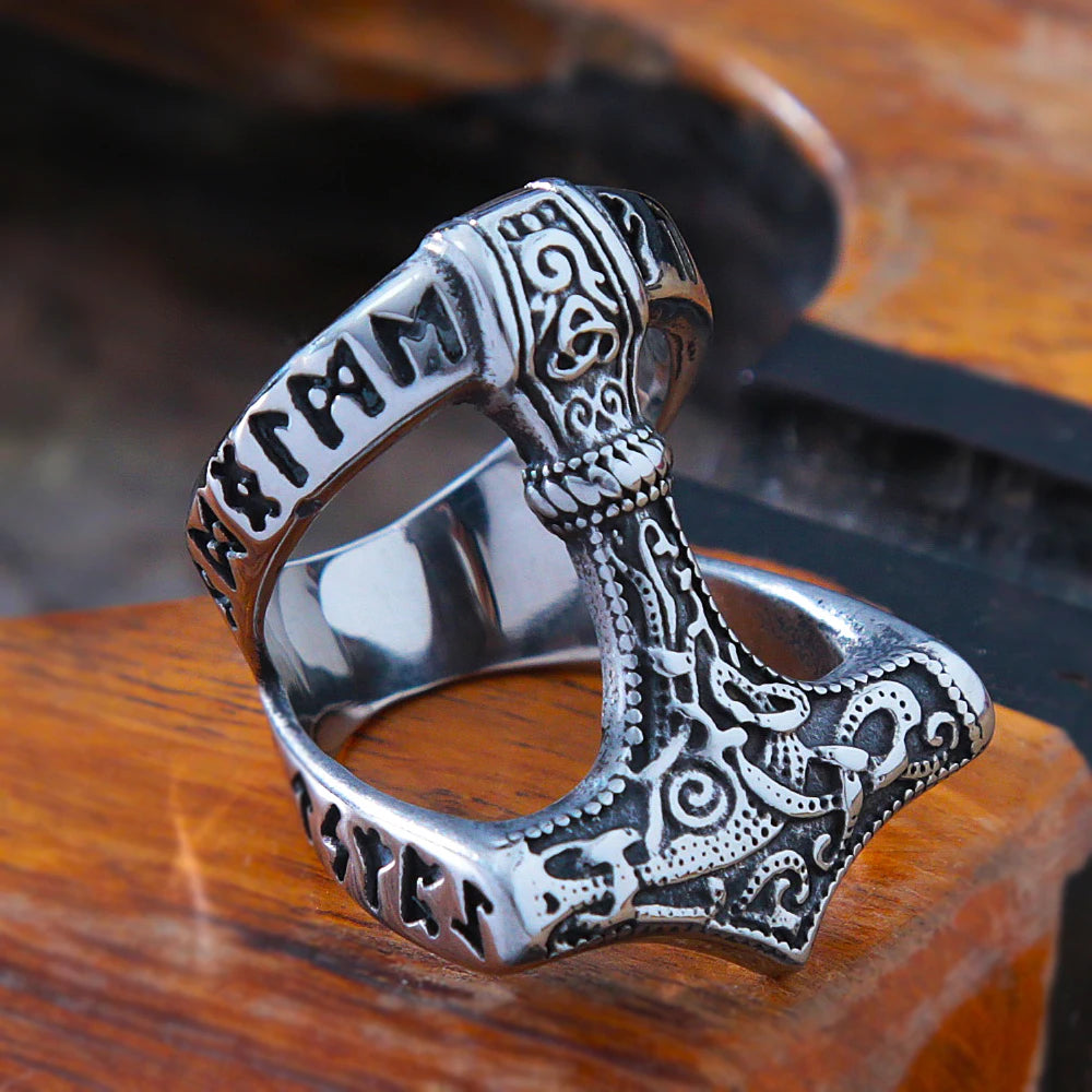 Vintage Viking Thors Hammer Ring Herren Nordic Odin Rune Ring Edelstahl Schmuck Biker Amulett Geschenk Großhandel