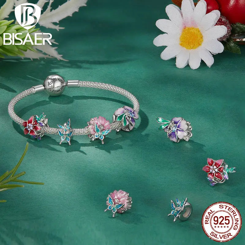 BISAER 925 Sterling Silver Butterfly&Flower Charm Bead Purple Animal Pendant Plated Platinum Fit Elegant Girl Bracelet Jewelry