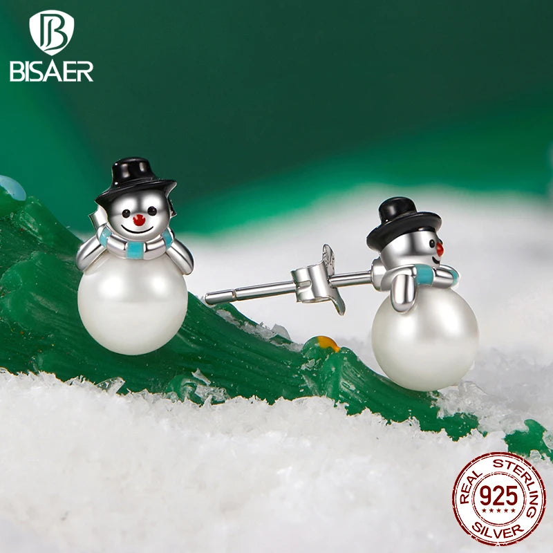 BISAER 925 Sterling Silver Cute Snowman Pearl Stud Earrings Enamel Process Plated White Gold for Women Fine Jewelry Holiday Gift