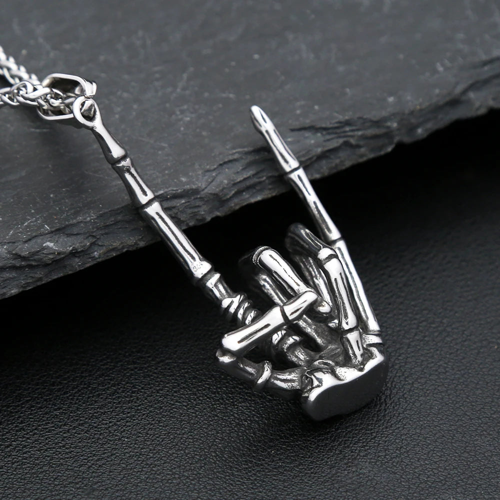 Vintage Gothic Skull Gestures Pendant Necklace For Men Women Punk Hip Hop Stainless Steel Skeleton Rock Necklaces Biker Jewelry