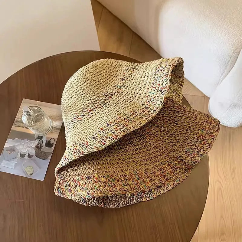 Chapeau de protection solaire pour femme tissé arc-en-ciel, chapeau de paille japonais d'été, mode de protection, chapeau de soleil de plage creux respirant