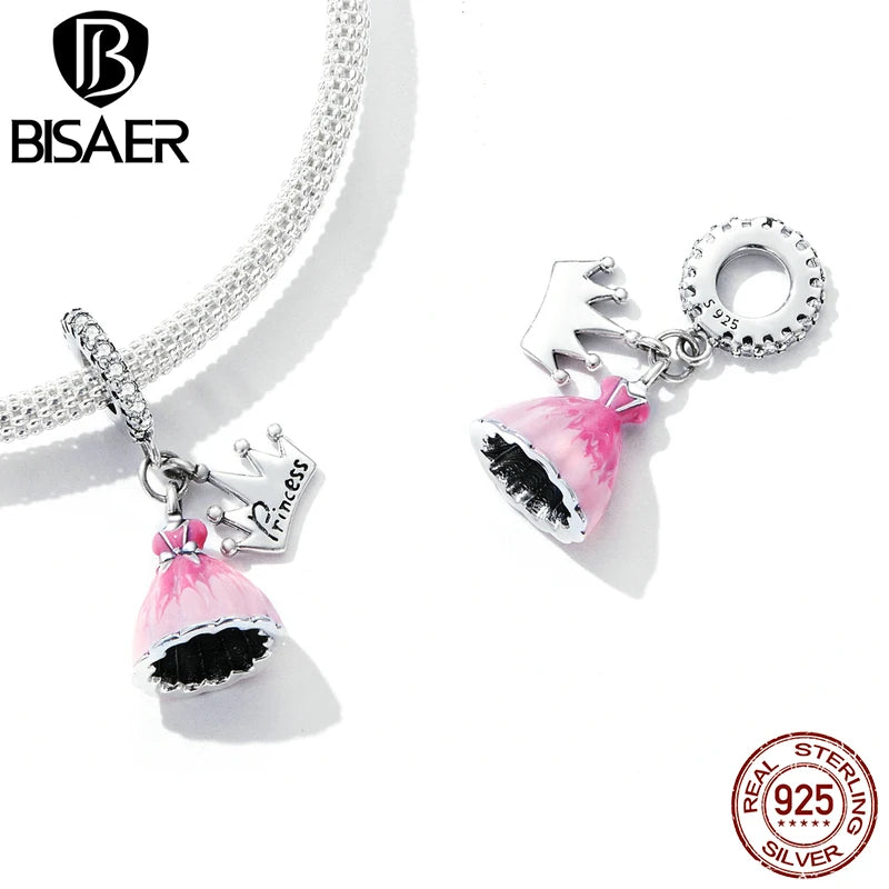 BISAER 925 Sterling Silver Princess Crown Charm Bead Pink Heart Bow Castle Pendant For Romantic Women DIY Bracelets Fine Jewelry