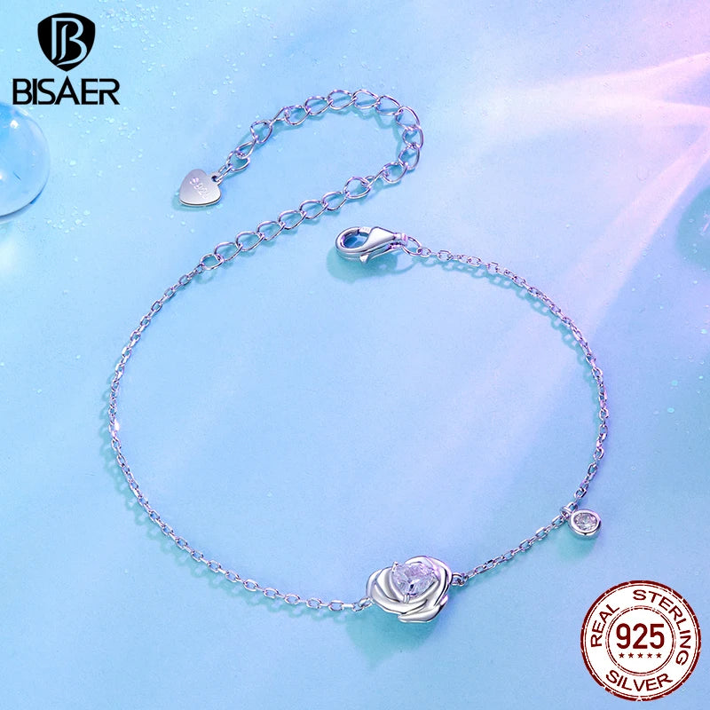 BISAER 925 Sterling Silver Heart Rose Bracelet Adjustable Charm Chain Plated White Gold for Women Party Fine Jewelry EFB200