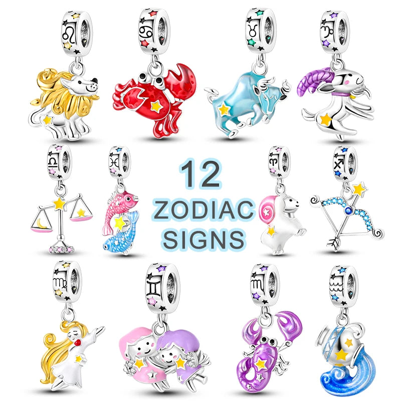 12 Zodiac Signs Fluorescent Twelve Constellations Star Sign 925 Silver Beads Charms fit Original Pandora Bracelet Neckalce